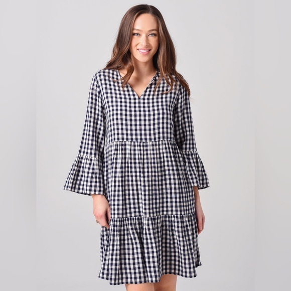 Hartford Nwot Rain Woven Dress, Blue Gingham, French Size 3 Large, Bell Sleeves